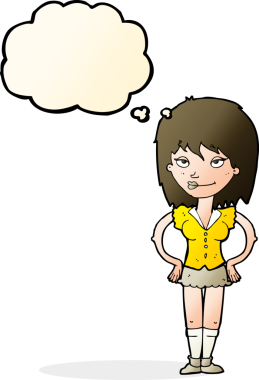 Bir insan tarafından çizilmiş düşünce baloncuğu olan elleri kalçasında çizgi film kadını.