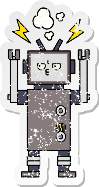 Bir insan tarafından çizilmiş sevimli bir robot çizgi film çıkartması.