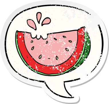 Konuşma balonlu karpuz bir insan tarafından çizilmiş sıkıntılı eski bir çıkartma