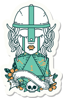 Ağlayan bir elf savaşçı karakterinin çıkartması. Doğal bir insan tarafından çizilmiş bir D20 rulo.