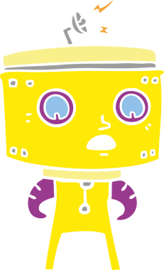 Bir insan tarafından çizilmiş düz renkli çizgi film robotu