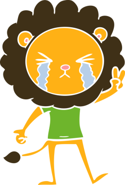 Düz renkli çizgi film ağlayan aslan bir insan tarafından çizilmiş barış işareti.