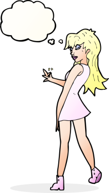 Bir insan tarafından çizilmiş düşünce baloncuğu olan bir elbise giymiş karikatür kadın.