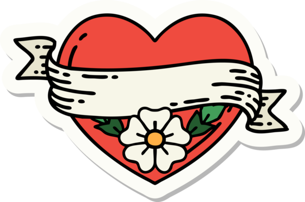 Geleneksel kalp stili dövme çıkartması ve bir insan tarafından çizilmiş çiçekli pankart.