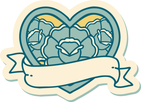 Geleneksel kalp stili dövme çıkartması ve bir insan tarafından çizilmiş çiçekli pankart.