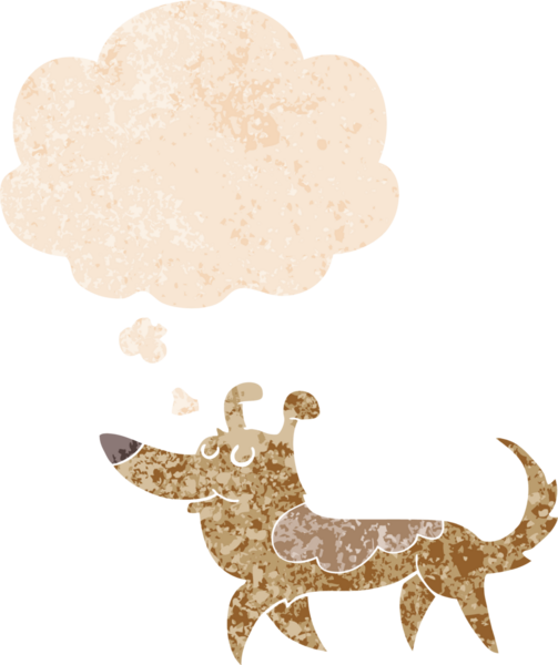 Düşünce baloncuğu ile çizgi film köpeğinin grunge sıkıntılı retro tarzı bir insan tarafından çizilmiş