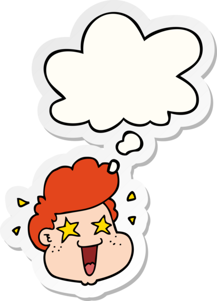 Düşünce balonlu çizgi film çocuğunun yüzü bir insan tarafından çizilmiş çıkartma gibi.