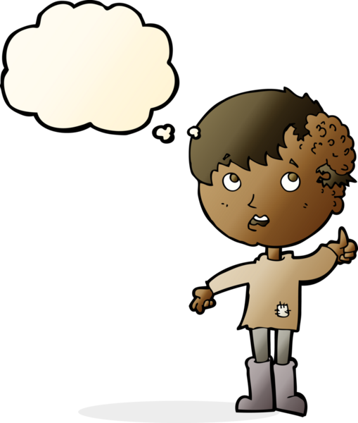 Kafasında bir insan tarafından çizilmiş düşünce balonuyla büyüyen çizgi film çocuğu.