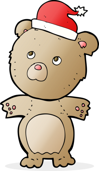 Bir insan tarafından çizilmiş Noel şapkası takan çizgi film ayısı.