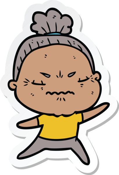 Çizgi film çıkartması. Bir insan tarafından çizilmiş yaşlı bir kadın.