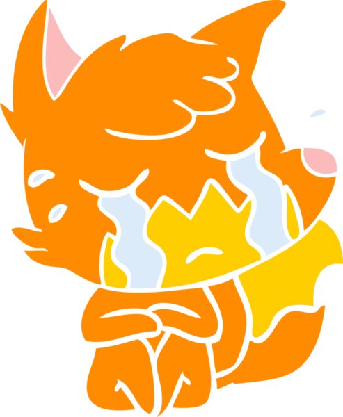 Bir insan tarafından çizilmiş ağlayan tilki düz renkli çizgi film