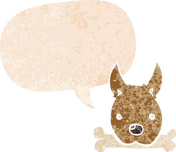 Bir insan tarafından çizilmiş, grunge 'da konuşma baloncuğu olan, kemikli çizgi film köpeği.