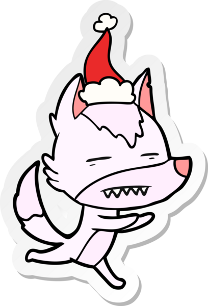 Bir insan tarafından çizilmiş Noel Baba şapkası giymiş kurt resmi.