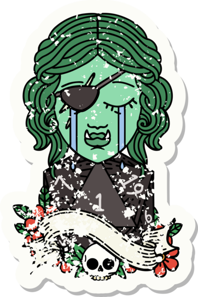 Ağlayan bir Ork 'un suratının grunge çıkartması. Doğal bir D20 ruloyla bir insan tarafından çizilmiş.