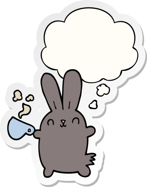 Düşünce baloncuklu kahve fincanı olan sevimli çizgi film tavşanı bir insan tarafından çizilmiş çıkartma gibi.