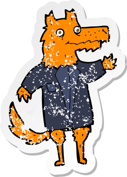 Bir insan tarafından çizilmiş tilki çizgi film işadamının sıkıntılı retro çıkartması.