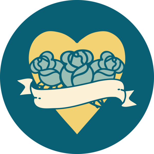 İkonik dövme stili bir kalp ve bir insan tarafından çizilmiş çiçekli pankart.