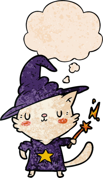 bir insan tarafından çizilmiş grunge doku biçiminde düşünce baloncuğu olan çizgi film kedi sihirbazı