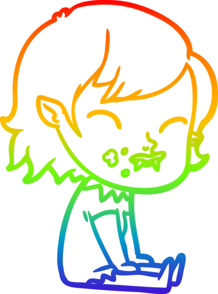 Gökkuşağı gradyan çizgisi. Bir insan tarafından çizilmiş yanağında kan olan vampir bir kız çizgi filmi.