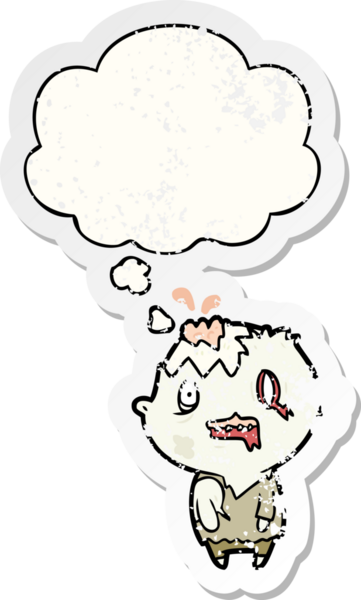 Düşünce baloncuğu olan karikatür zombisi insan tarafından çizilmiş yıpranmış bir çıkartma.