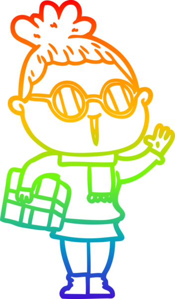 Bir insan tarafından çizilmiş gözlük takan bir karikatür kadının çizimi.