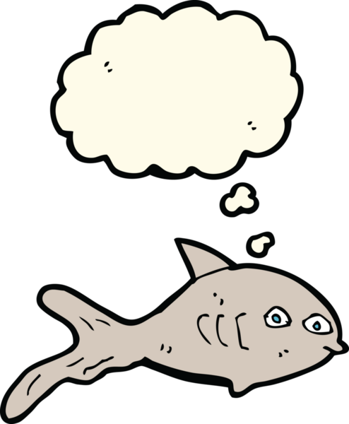 Bir insan tarafından çizilmiş düşünce baloncuklu çizgi film balığı.