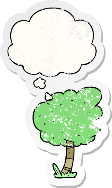 Düşünce baloncuğu olan çizgi film ağacı insan tarafından çizilmiş yıpranmış bir çıkartma gibi.