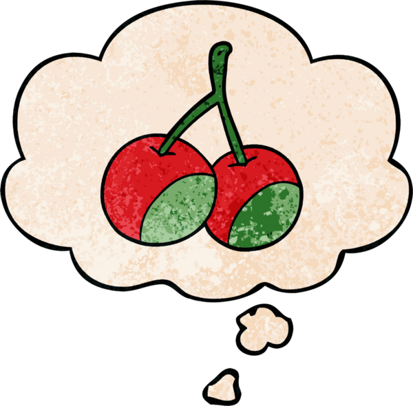 Bir insan tarafından çizilmiş grunge desenli düşünce baloncuklu kirazlar.