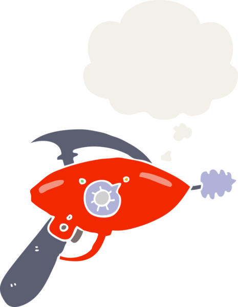 Düşünce baloncuklu çizgi film ışın tabancası insan tarafından çizilmiş.