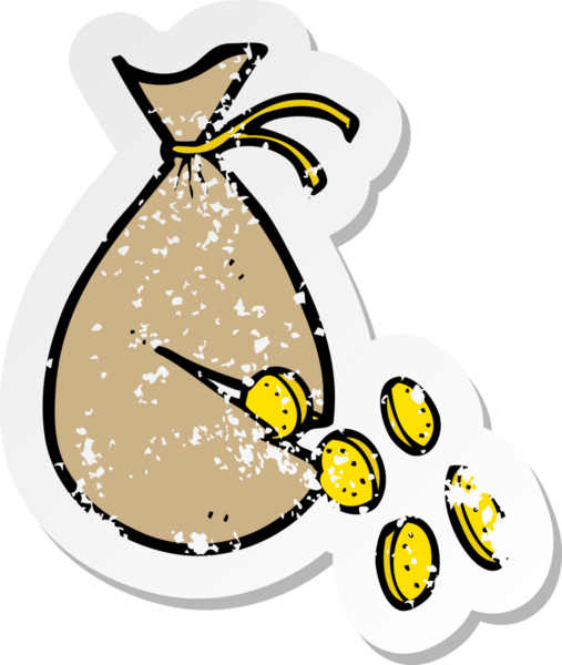 Bir insan tarafından çizilmiş çantada bir karikatür parasının geriletilmiş etiketi.