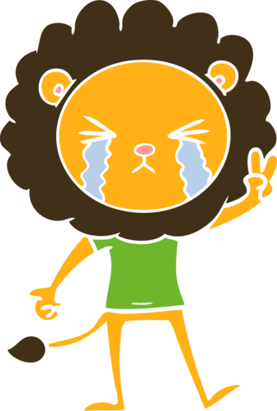 Düz renkli çizgi film ağlayan aslan bir insan tarafından çizilmiş barış işareti.