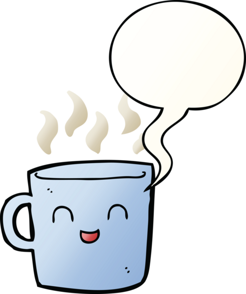 Tatlı kahve fincanı karikatürü, konuşma baloncuğu bir insan tarafından çizilmiş.