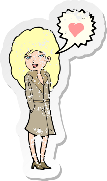 Çizgi film trençkotunun gerilimli retro çıkartması bir insan tarafından çizilmiş aşık bir kadın.