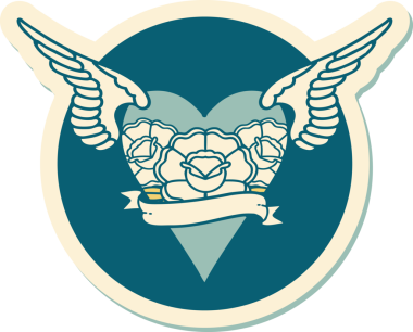 Geleneksel bir dövme stili. Uçan kalp. Çiçekler ve bir insan tarafından çizilmiş bayrak.