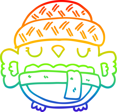 Gökkuşağı gradyan çizgisi bir insan tarafından çizilmiş şapkalı sevimli bir baykuş çizimi