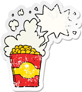 Konuşma baloncuklu çizgi film patlamış mısırı bir insan tarafından çizilmiş sıkıntılı eski bir çıkartma