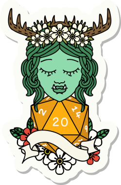 Bir insan tarafından çizilmiş 20 zarlı yarı ork Druid karakterinin çıkartması.