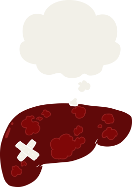 insan tarafından çizilmiş düşünce baloncuklu sağlıksız karaciğer çizgi filmi.