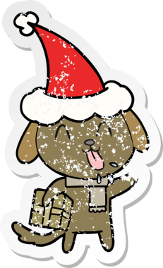 Sevimli bir el, Noel hediyesi olan bir köpeğin insan tarafından çizilmiş Noel Baba şapkasıyla kederli bir çıkartma çizimi.