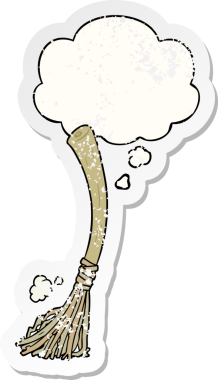 Düşünce baloncuklu çizgi film sihirli süpürgesi insan tarafından çizilmiş yıpranmış bir çıkartma gibi.