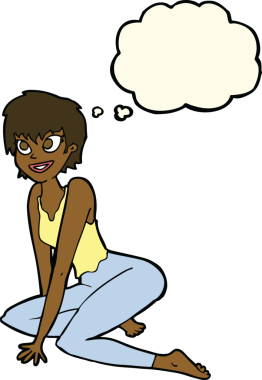 Bir insan tarafından çizilmiş düşünce baloncuğuyla yerde oturan mutlu çizgi film kadını.