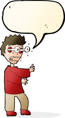 Bir insan tarafından çizilmiş konuşma balonu olan korkmuş çocuk çizgi filmi.