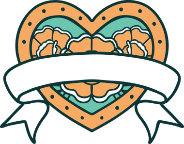 İkonik dövme stili bir kalp ve bir insan tarafından çizilmiş çiçekli pankart.