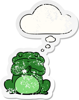 Karikatür kibirli kurbağa. Düşünce baloncuğu insan tarafından çizilmiş, yıpranmış bir çıkartma.