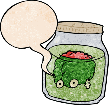 Kavanozda yüzen tuhaf bir karikatür, insan tarafından çizilmiş eski moda bir konuşma baloncuğu.