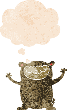 Bir insan tarafından çizilmiş grunge sıkıntılı retro tarzı düşünce baloncuğu ile sevimli çizgi film ayısı