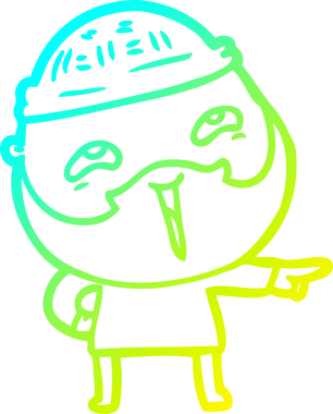 Bir insan tarafından çizilmiş, mutlu, sakallı, çizgi film karakteri.