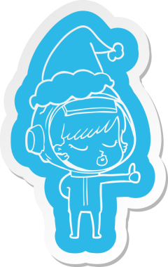 Bir insan tarafından çizilmiş Noel Baba şapkası takan güzel bir astronot kızın garip bir çizgi film çıkartması.