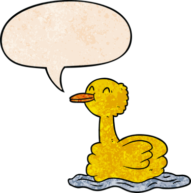 Yüzen ördek, konuşma baloncuğu ile bir insan tarafından çizilmiş eski moda bir çizgi film.