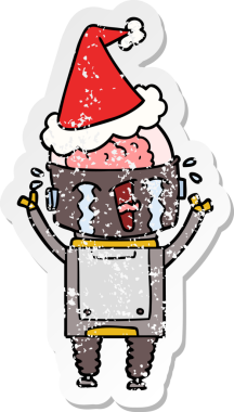 Bir insan tarafından çizilmiş Noel Baba şapkası takan ağlayan bir robotun el yazısı.